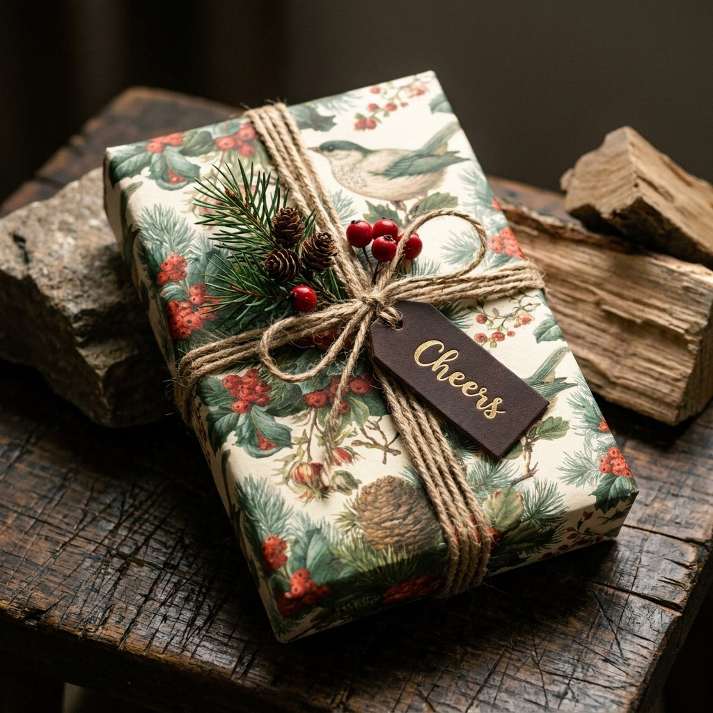 Vintage botanical Christmas wrapping paper with rustic twine bow by Wrapped Studios.