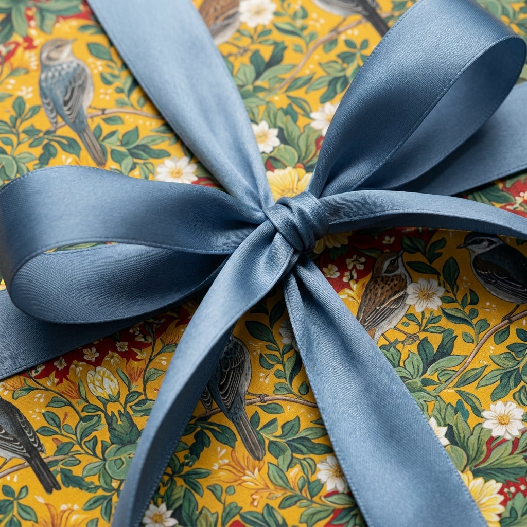Vintage yellow floral wrapping paper with birds and a blue satin bow by Wrapped Studios.