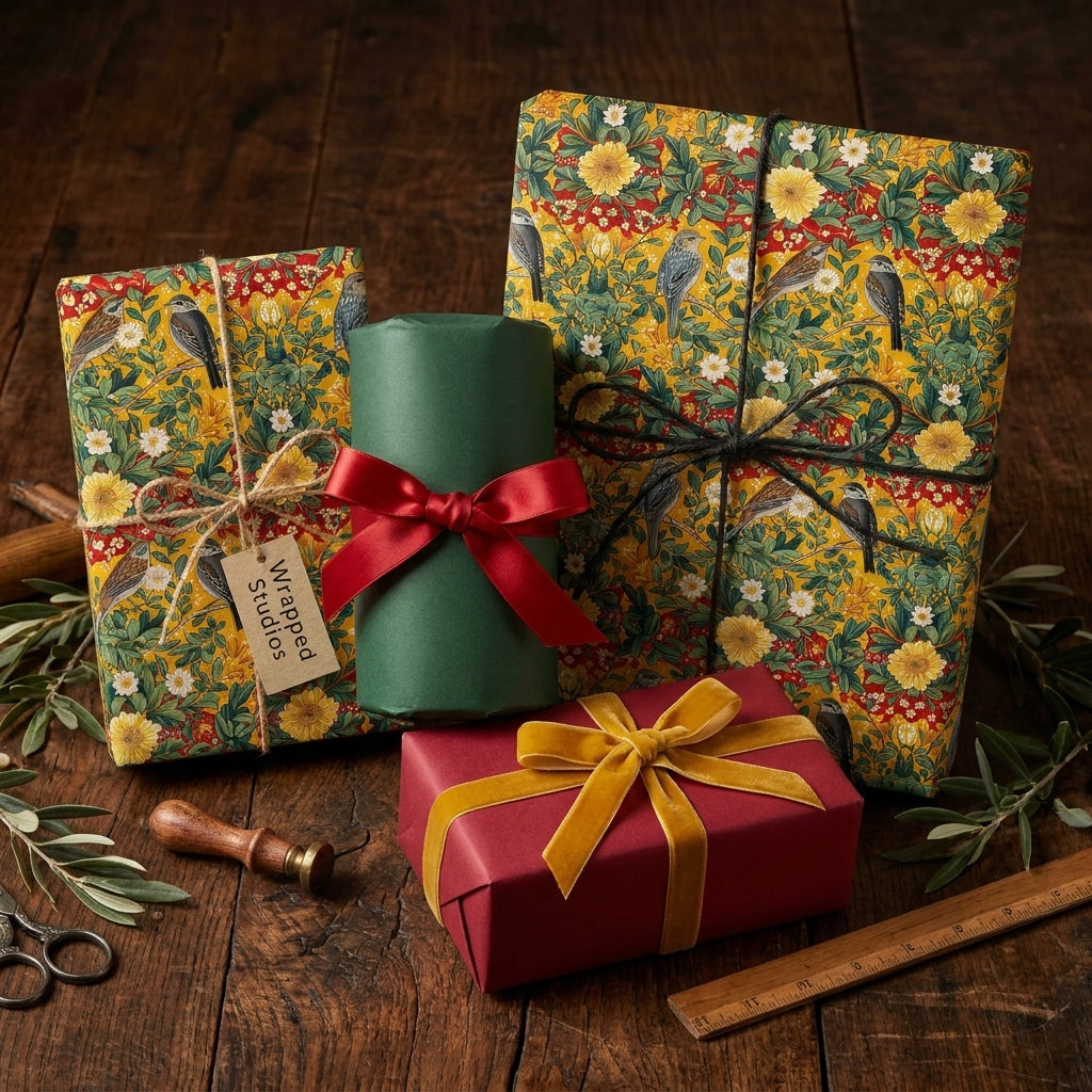 Vintage botanical bird wrapping paper on luxury green and red Christmas gifts by Wrapped Studios.
