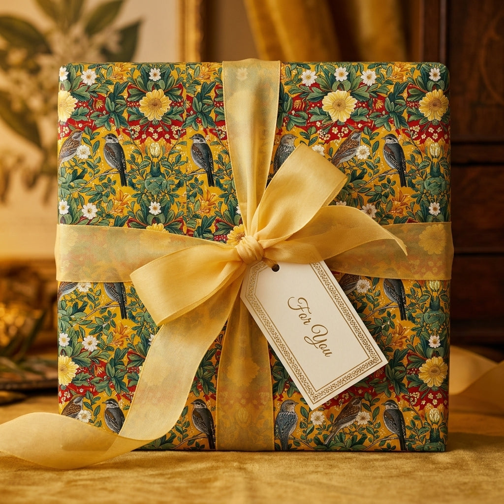 Luxury botanical floral wrapping paper with vintage bird pattern and gold ribbon by Wrapped Studios.