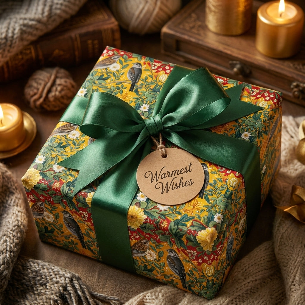 Vintage bird and floral holiday wrapping paper with a green satin bow on a cozy gift by Wrapped Studios.