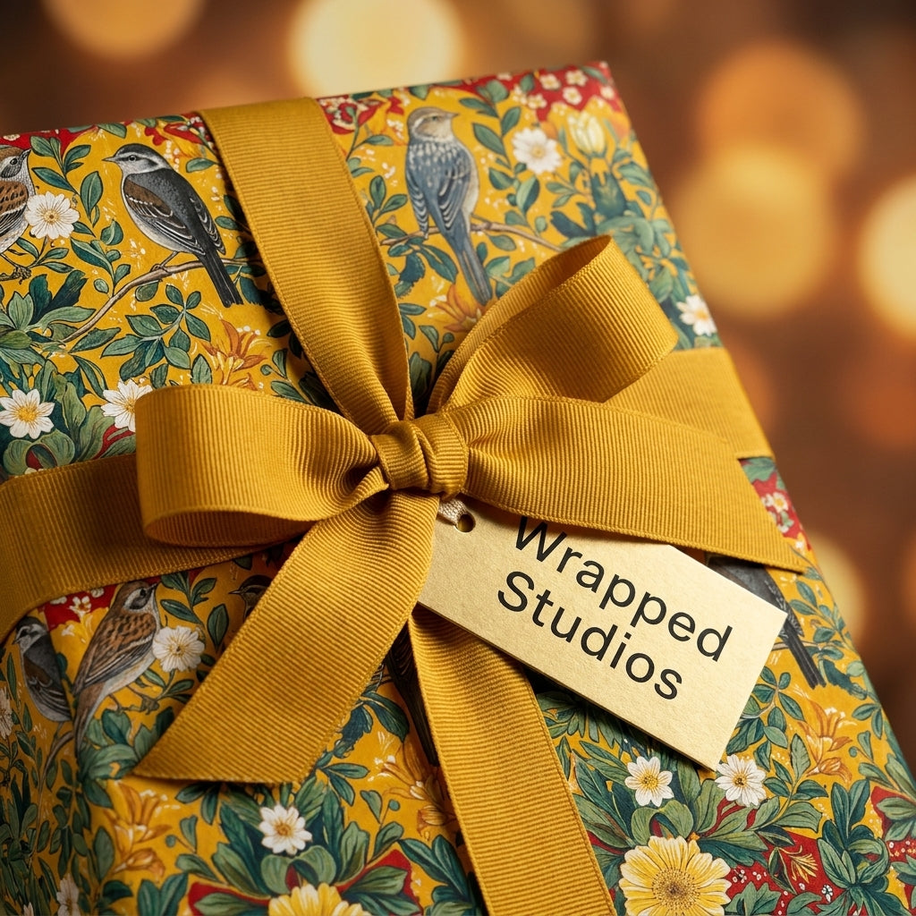 Luxury vintage bird and floral wrapping paper with a gold bow and tag by Wrapped Studios.