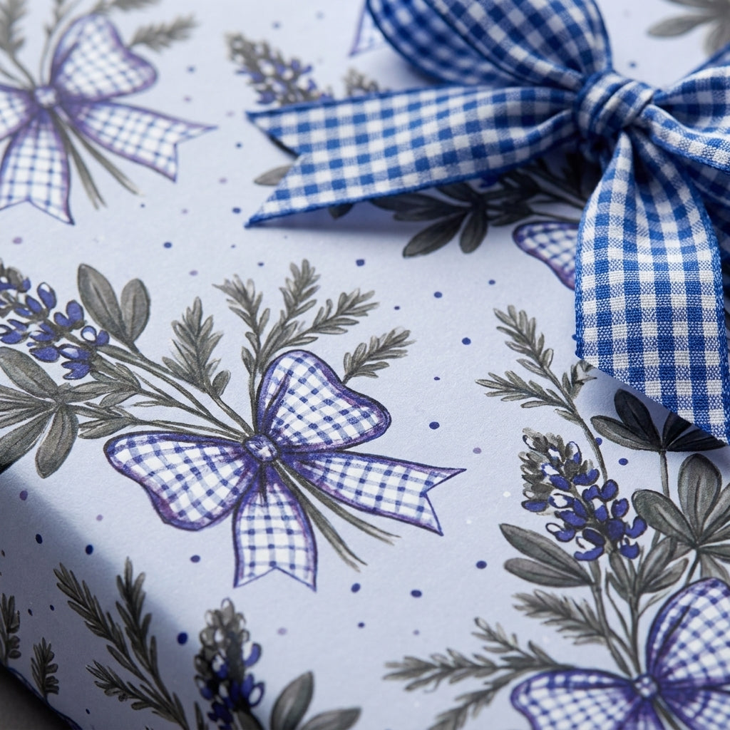 Blue floral wrapping paper with watercolor wildflowers and a gingham ribbon bow by Wrapped Studios.