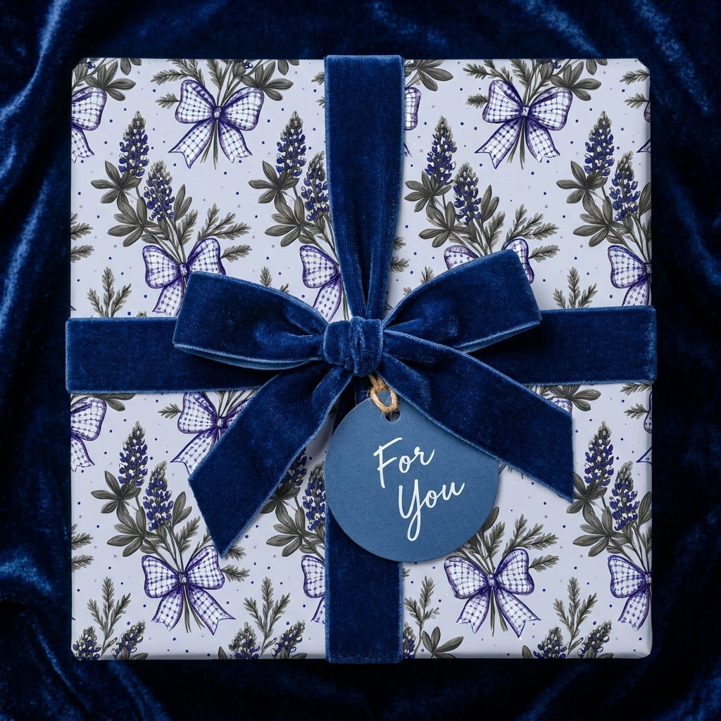 Luxury floral wrapping paper with blue lupines and a velvet bow. Botanical gift wrap by Wrapped Studios.