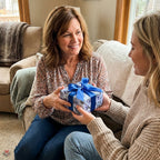 Woman receiving a gift in luxury blue floral wrapping paper with a blue satin bow by Wrapped Studios.