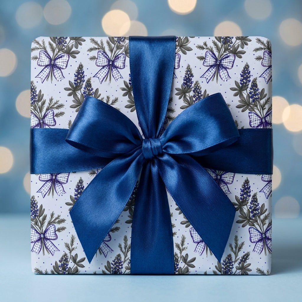 Blue floral wrapping paper with a luxury satin bow on a gift box, by Wrapped Studios.