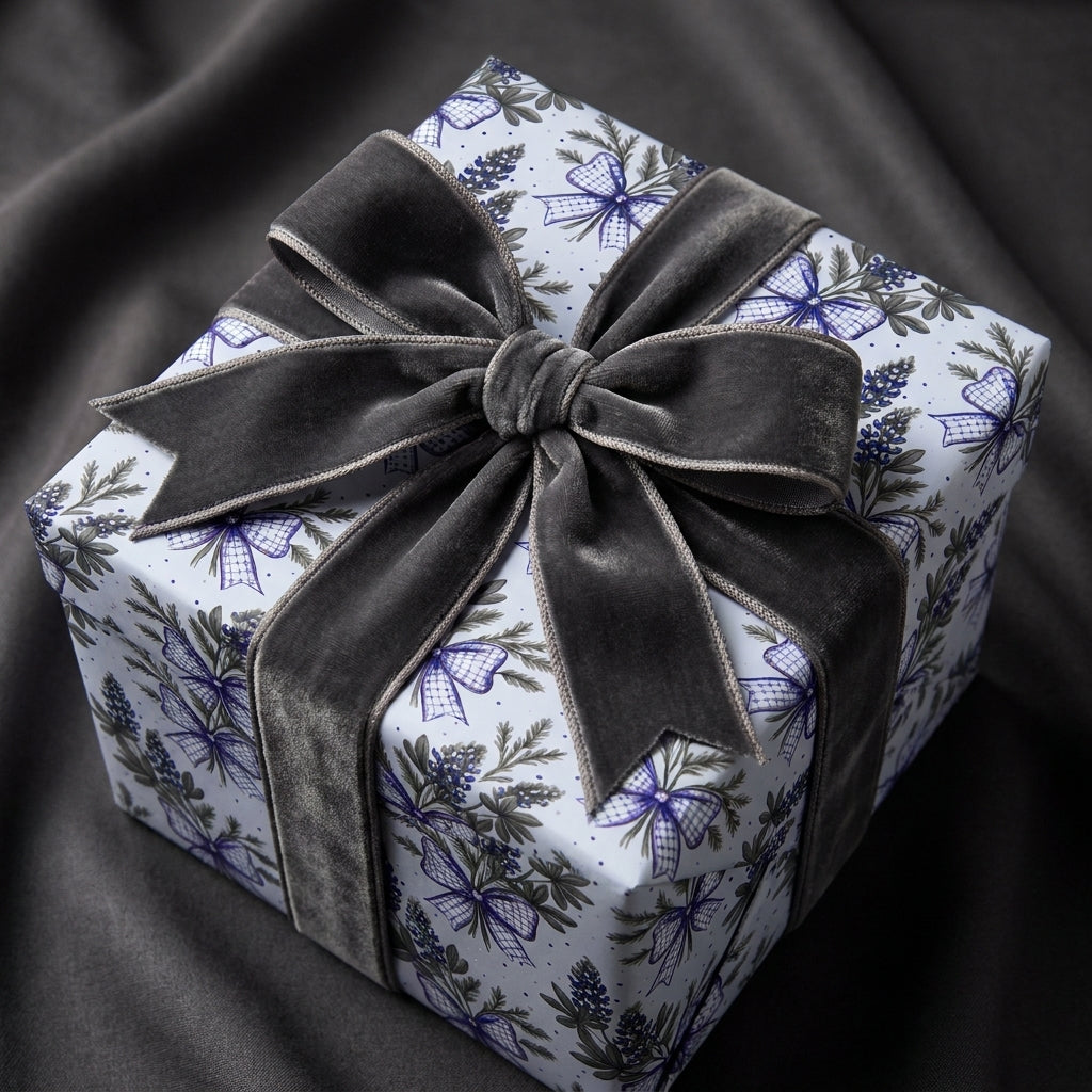 Luxury blue botanical wrapping paper with a grey velvet bow by Wrapped Studios.