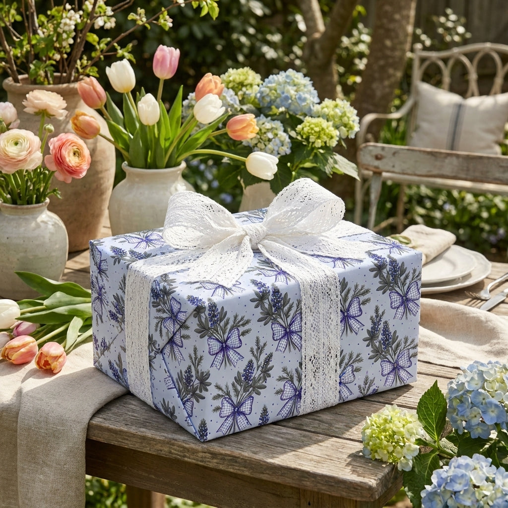 Blue floral wrapping paper with a white lace bow in a garden setting, luxury gift wrap by Wrapped Studios.