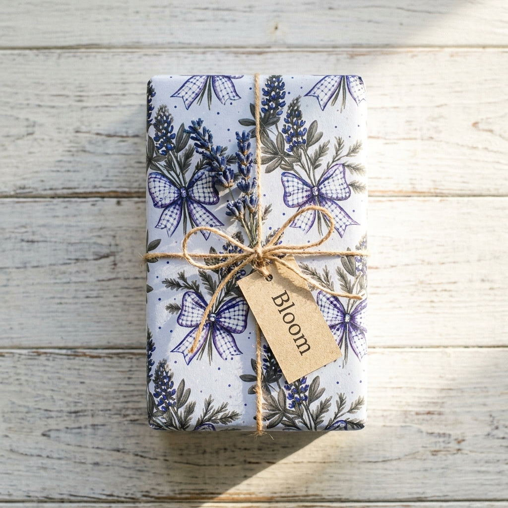 Lavender floral wrapping paper with twine and a Bloom tag on rustic wood, by Wrapped Studios.