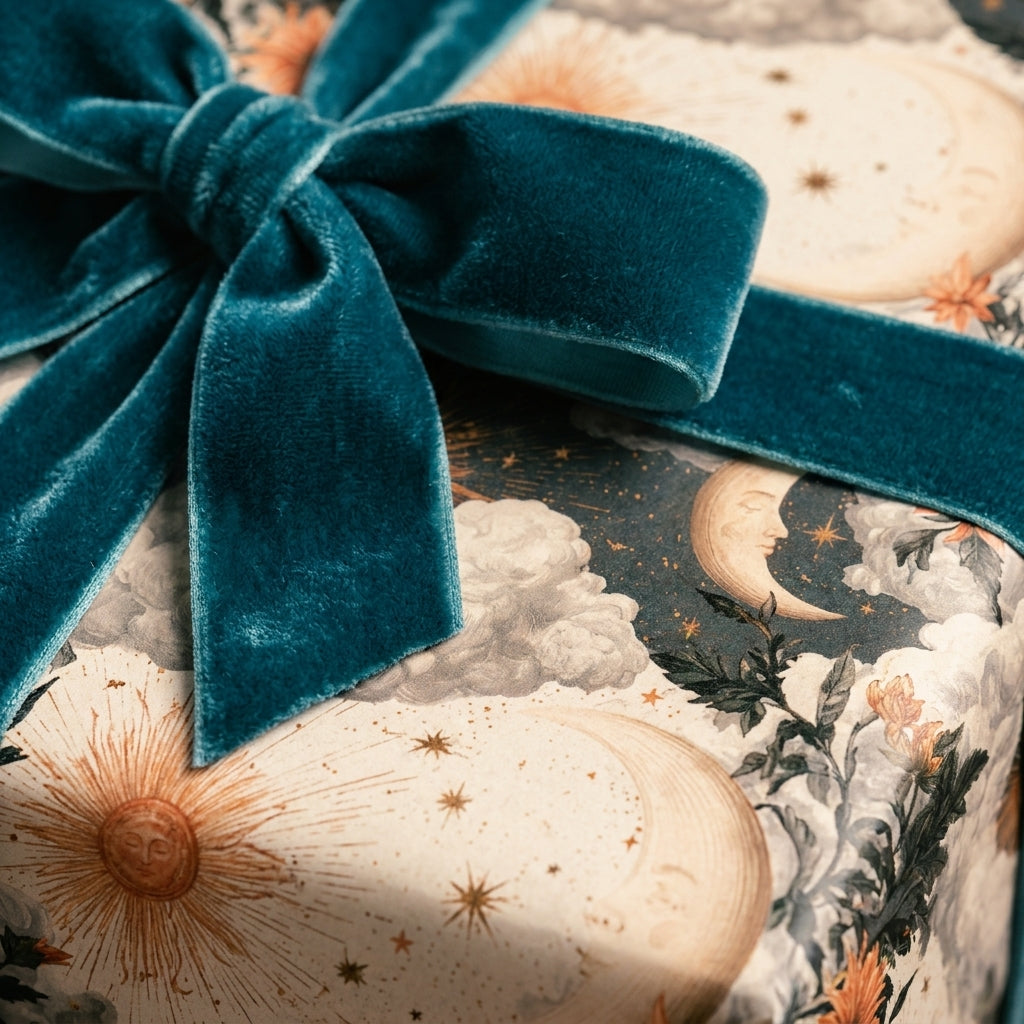 Celestial wrapping paper with vintage sun and moon designs, tied with a teal velvet ribbon by Wrapped Studios.