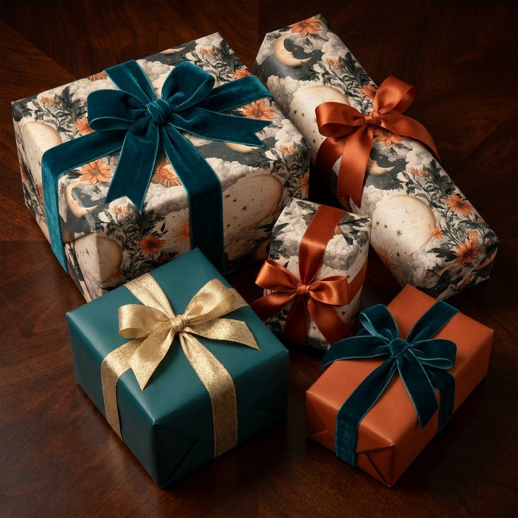 Celestial wrapping paper with vintage moon designs on luxury holiday gift boxes by Wrapped Studios.
