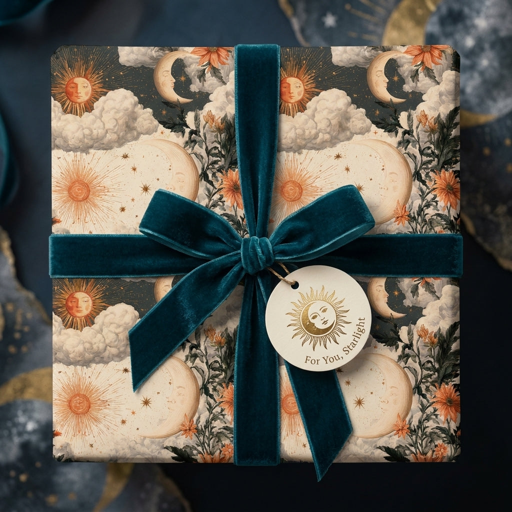 Celestial wrapping paper with a vintage sun and moon design and teal velvet ribbon by Wrapped Studios.