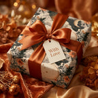 Celestial wrapping paper by Wrapped Studios featuring a copper satin ribbon and a "With Love" gift tag.