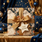 Luxury celestial Christmas wrapping paper with vintage moon pattern and gold bow by Wrapped Studios.