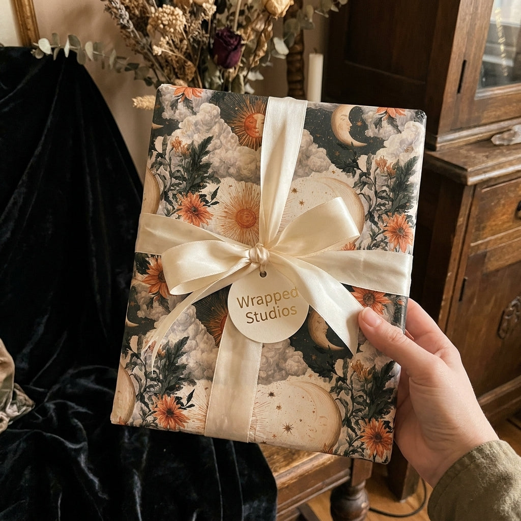 Celestial wrapping paper with vintage sun and moon pattern and cream satin bow by Wrapped Studios.
