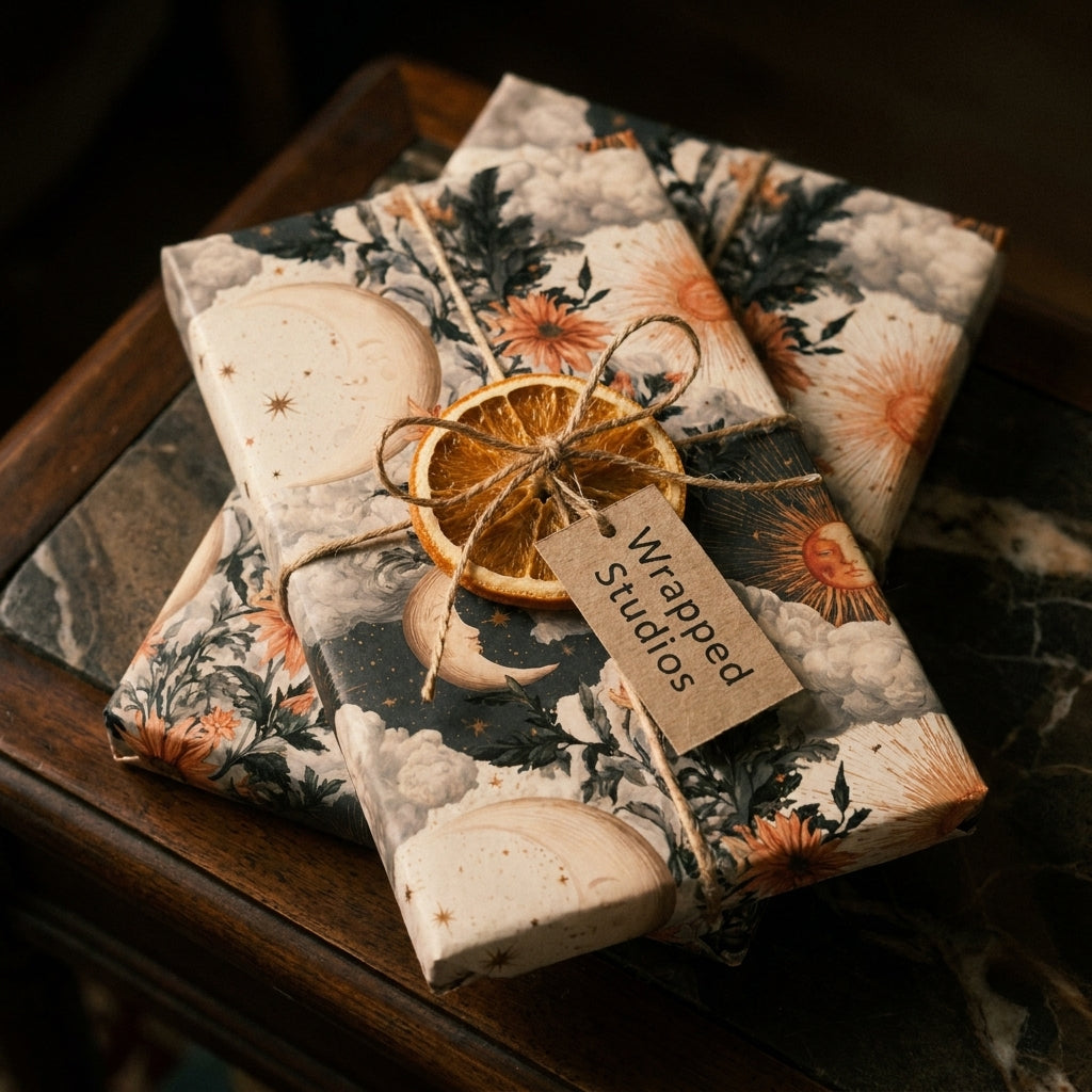 Vintage celestial wrapping paper with sun and moon pattern by Wrapped Studios, tied with twine and dried orange.
