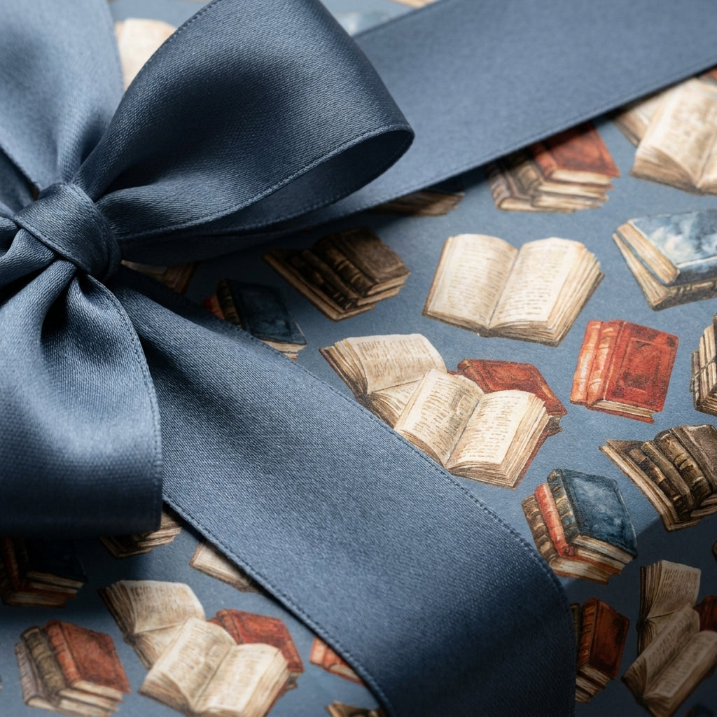 Vintage book wrapping paper with a dusty blue satin ribbon bow on a gift box by Wrapped Studios.