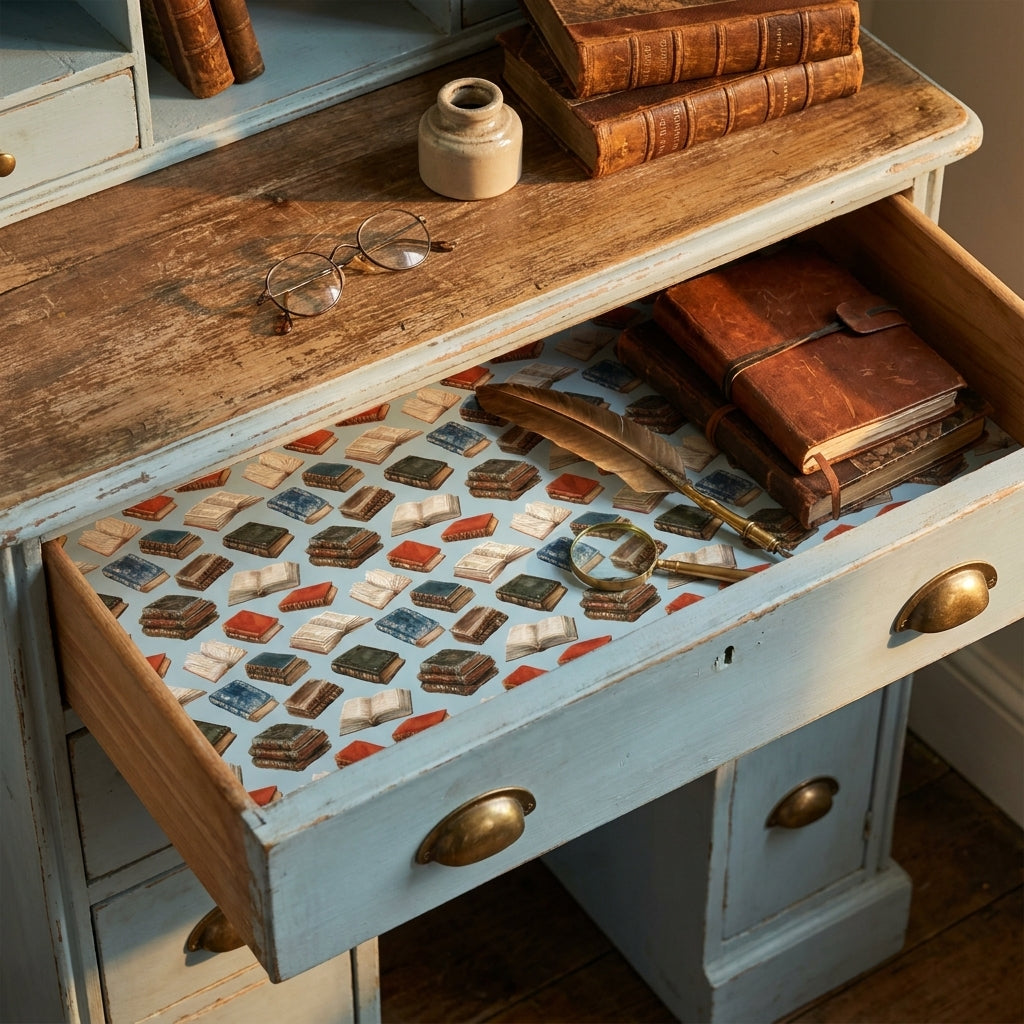 Vintage book wrapping paper by Wrapped Studios used as a drawer liner in a rustic wooden desk.