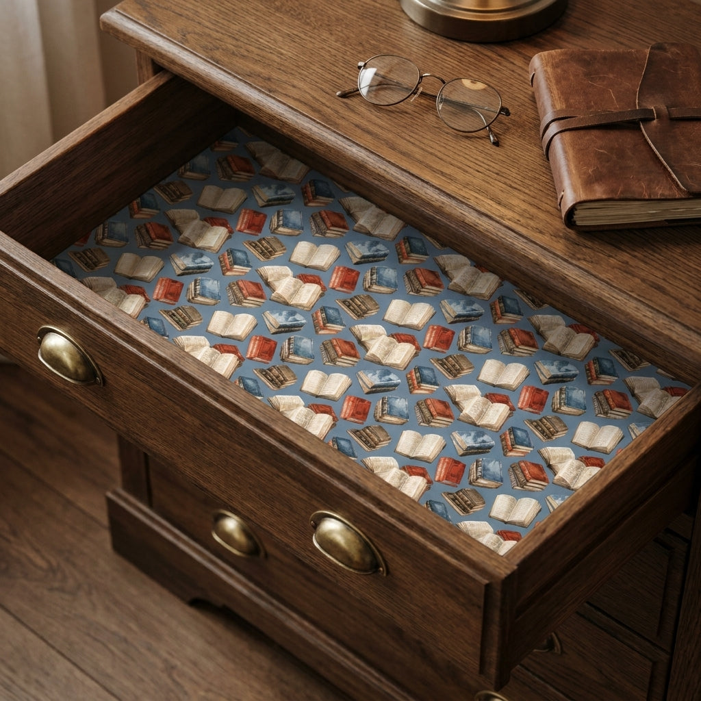 Vintage book wrapping paper with a library pattern used as a drawer liner, by Wrapped Studios.
