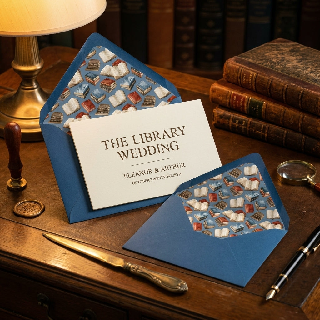 Library wedding invitation with vintage book envelope liners by Wrapped Studios.