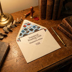 Bookish wrapping paper with a vintage book pattern used as an envelope liner by Wrapped Studios.