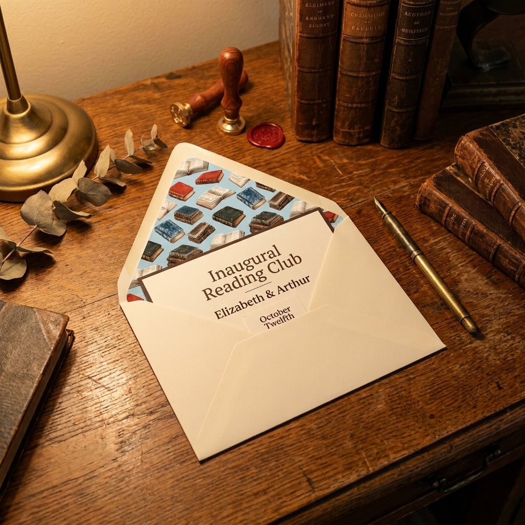 Bookish wrapping paper with a vintage book pattern used as an envelope liner by Wrapped Studios.