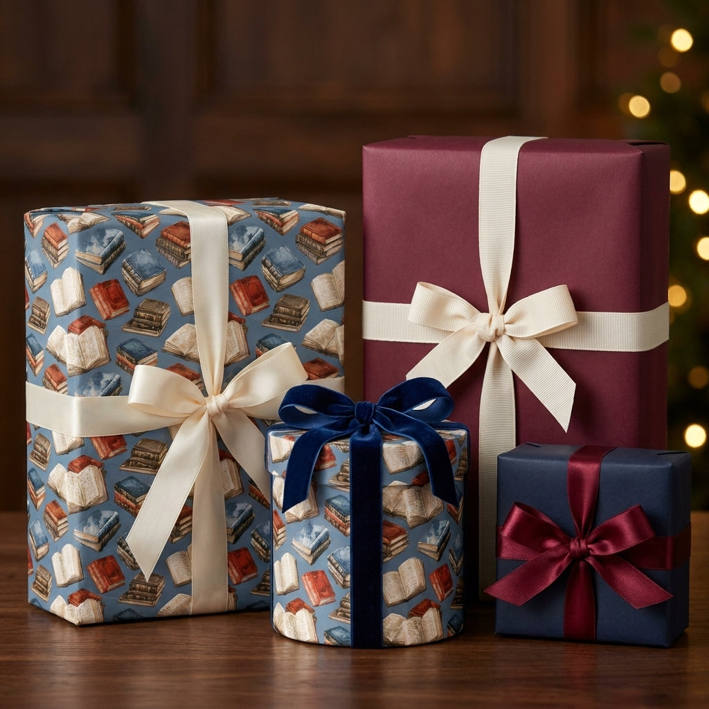 Vintage book wrapping paper on holiday gift boxes with luxury ribbons by Wrapped Studios.