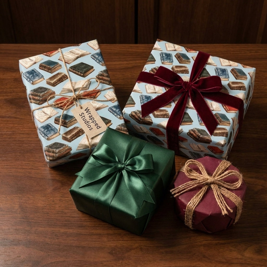 Vintage book wrapping paper and luxury gift wrap with velvet bows by Wrapped Studios.