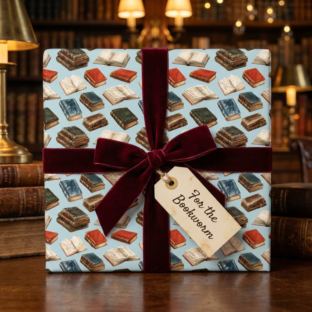 Vintage book wrapping paper with a burgundy velvet ribbon and bookworm gift tag by Wrapped Studios.