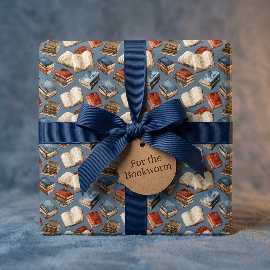 Bookish wrapping paper with a vintage books pattern and navy ribbon by Wrapped Studios.