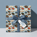 Vintage book wrapping paper with a blue satin ribbon for book lovers, by Wrapped Studios.