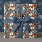 Vintage book wrapping paper with slate blue ribbon for book lovers by Wrapped Studios.