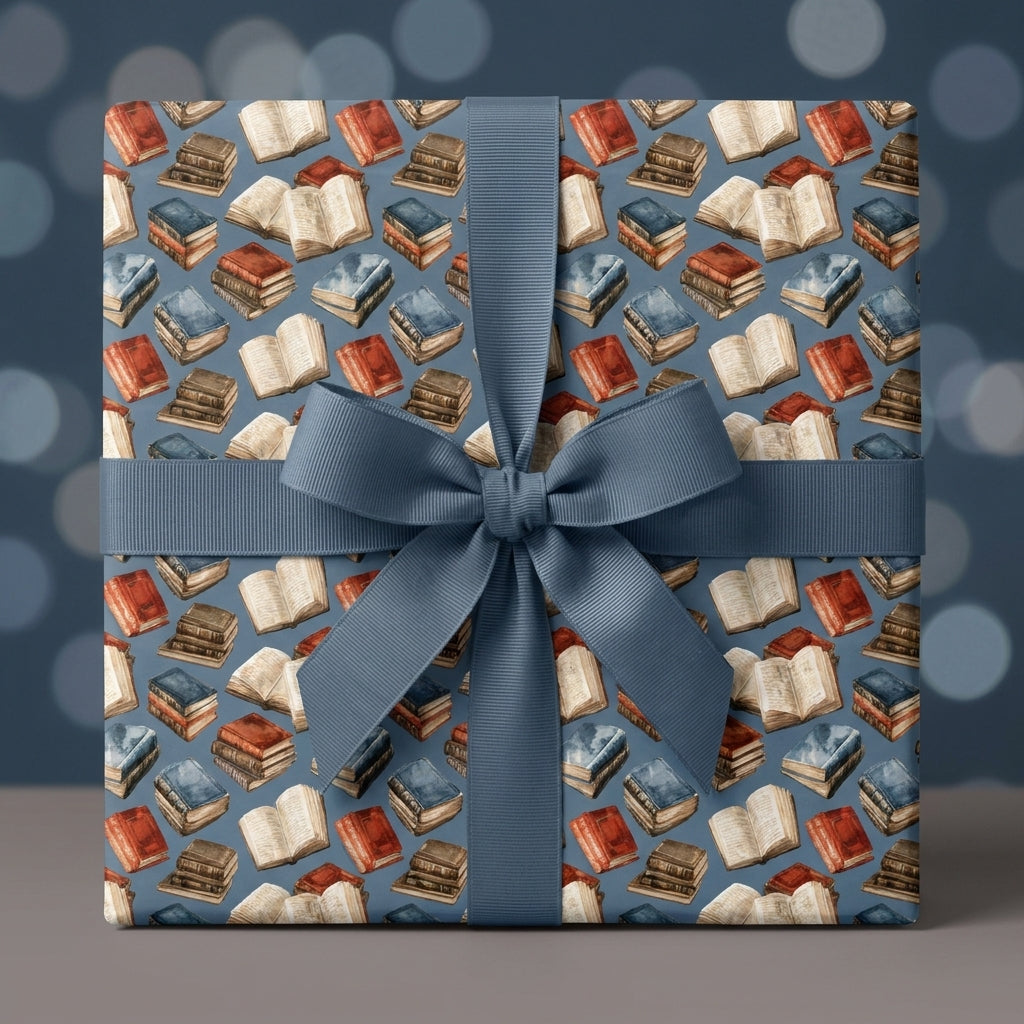 Vintage book wrapping paper with slate blue ribbon for book lovers by Wrapped Studios.