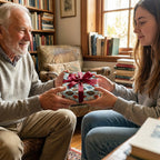Grandfather and granddaughter holding a gift in vintage book wrapping paper with burgundy ribbon, Wrapped Studios.