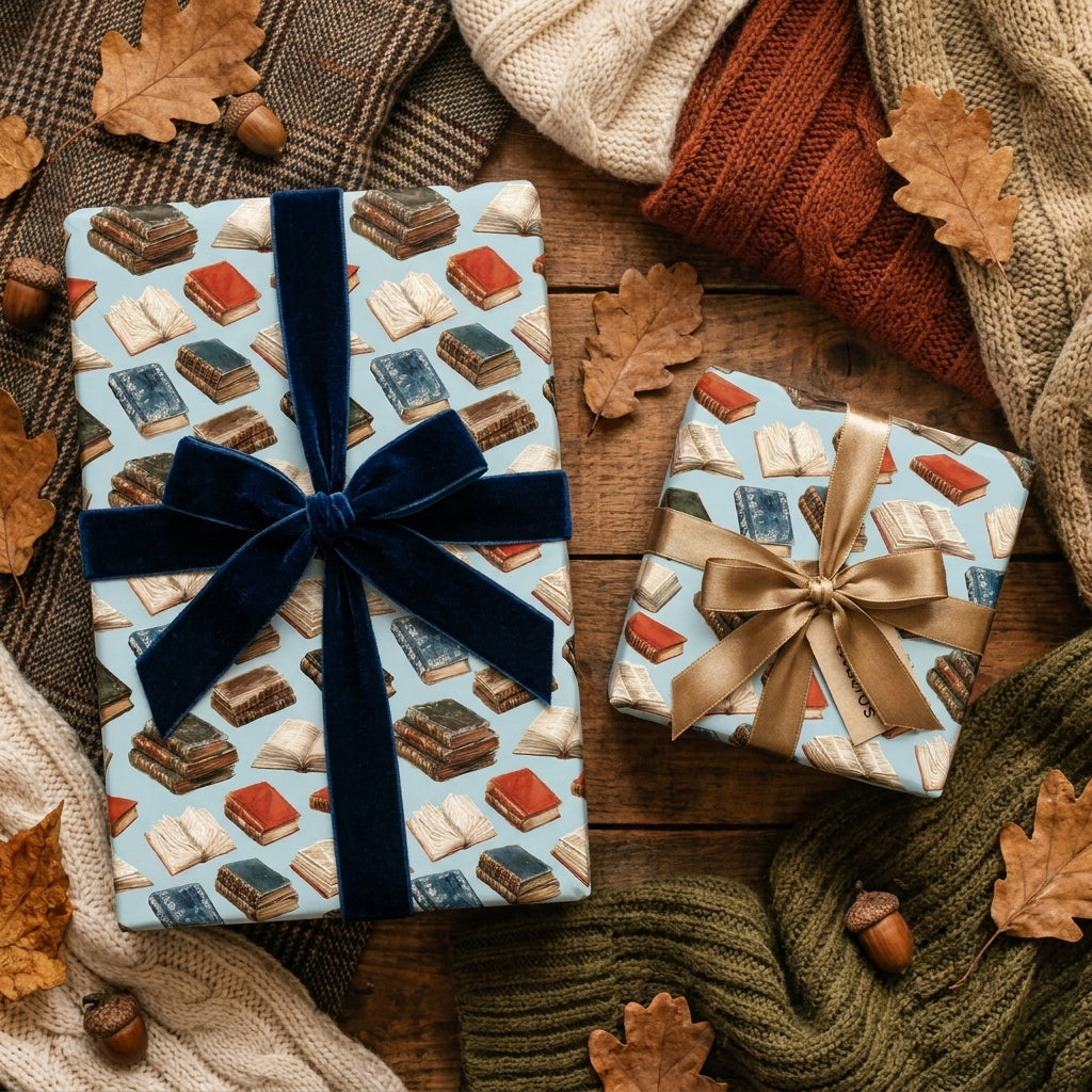 Vintage book wrapping paper with velvet bows on cozy autumn flat lay by Wrapped Studios.