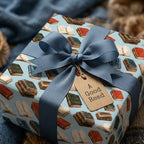 Book wrapping paper by Wrapped Studios with vintage literary design, a blue bow, and "A Good Read" gift tag.
