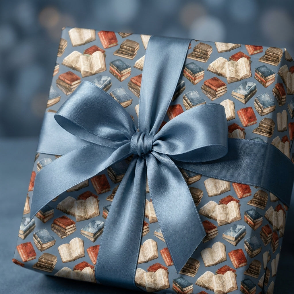 Book lovers wrapping paper with watercolor books and a dusty blue satin ribbon by Wrapped Studios.