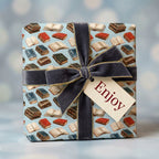 Vintage book wrapping paper by Wrapped Studios with a grey velvet ribbon and 'Enjoy' tag.