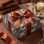 Vintage book wrapping paper with a copper satin ribbon bow by Wrapped Studios.