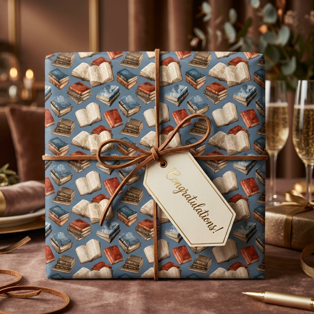 Vintage book wrapping paper by Wrapped Studios on a gift box with leather cord and gold Congratulations tag.