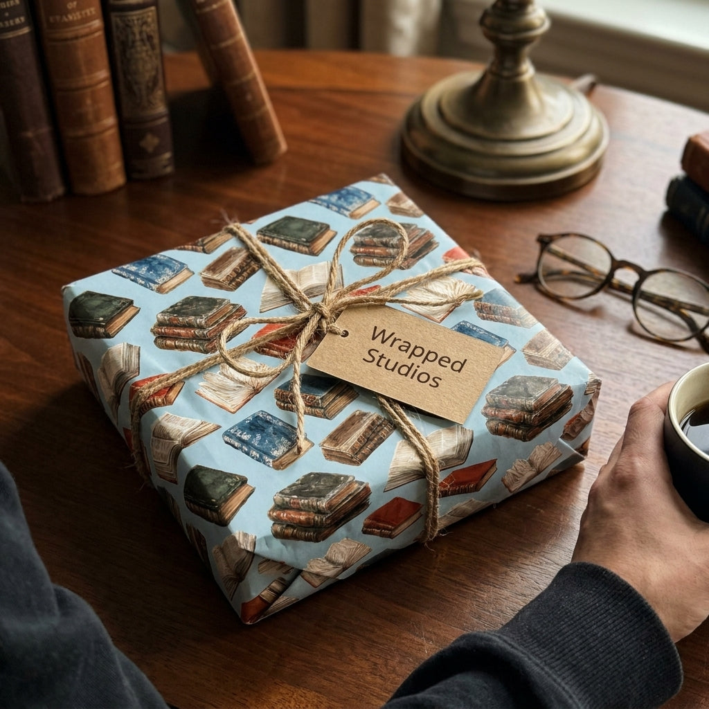 Vintage book wrapping paper by Wrapped Studios on a gift tied with rustic twine in a cozy study.