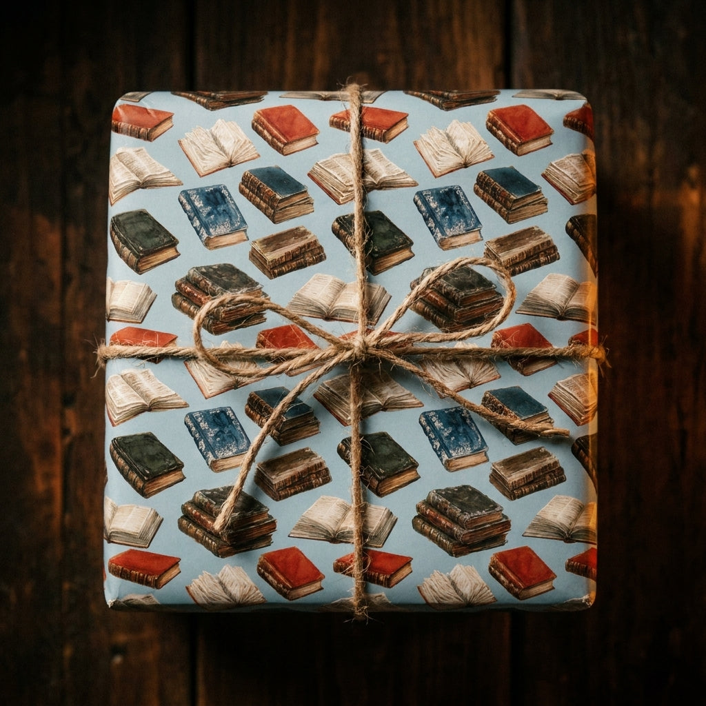Vintage book lover wrapping paper by Wrapped Studios, tied with twine. Literary gift wrap on a square box.