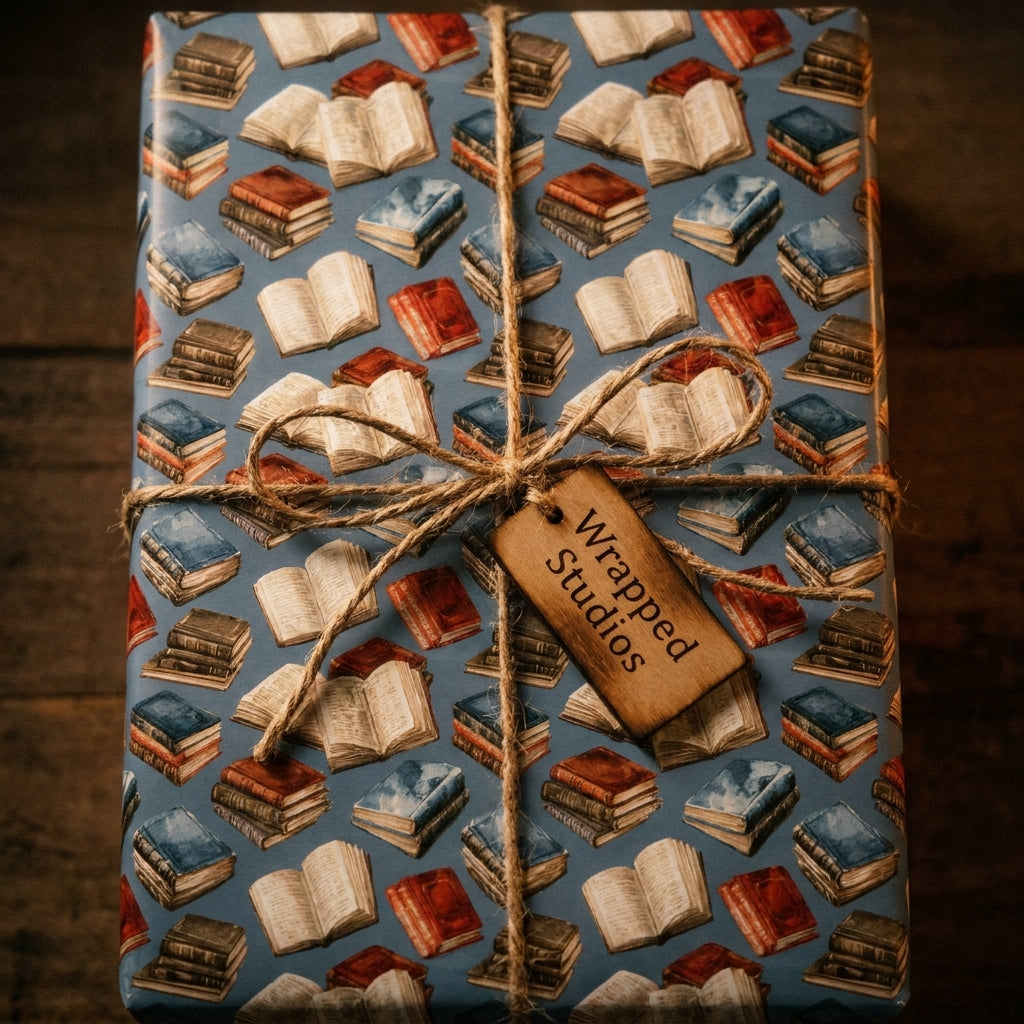 Vintage book wrapping paper by Wrapped Studios, tied with rustic twine and a wooden tag on a gift box.