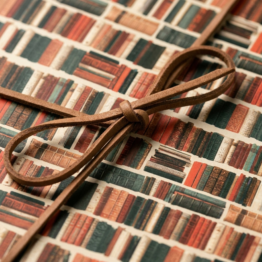 Book lovers wrapping paper with a vintage bookshelf pattern and rustic brown bow by Wrapped Studios.