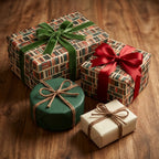 Vintage library book wrapping paper with velvet ribbons on a wood table by Wrapped Studios.
