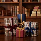 Vintage library book wrapping paper and luxury gift wrap with velvet bows by Wrapped Studios.