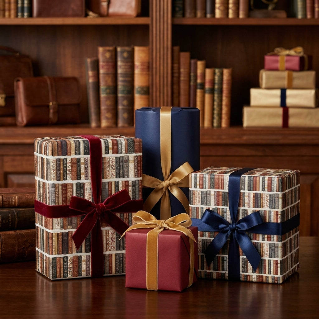 Vintage library book wrapping paper and luxury gift wrap with velvet bows by Wrapped Studios.