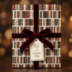 Vintage book wrapping paper by Wrapped Studios with bookshelf pattern and a luxury burgundy velvet bow.