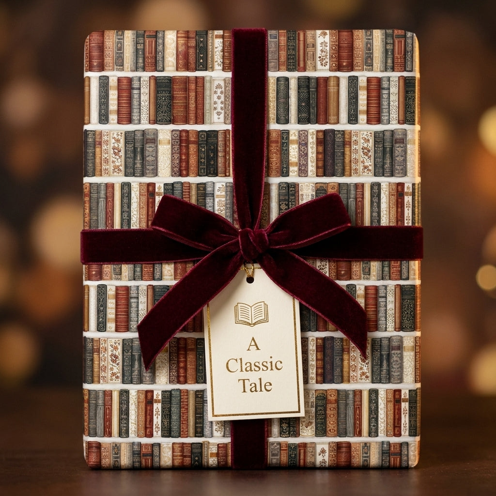 Vintage book wrapping paper by Wrapped Studios with bookshelf pattern and a luxury burgundy velvet bow.