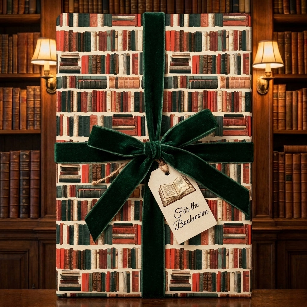 Vintage library book wrapping paper by Wrapped Studios, tied with a dark green velvet bow and bookworm tag.